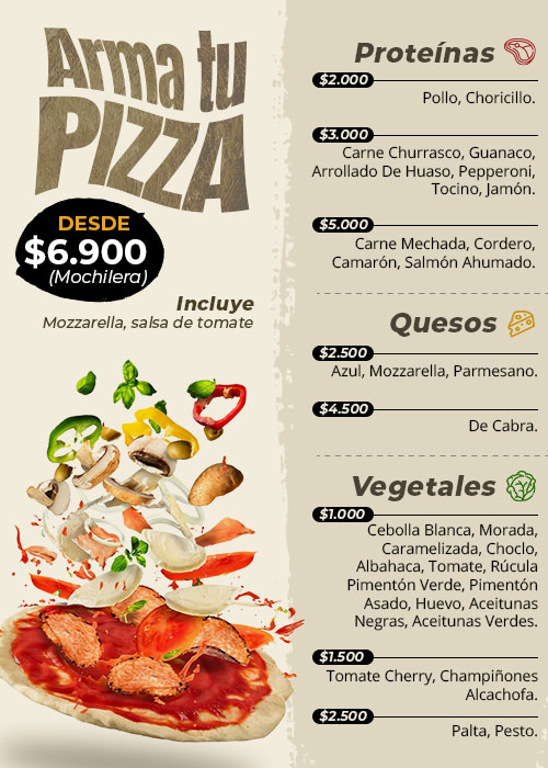 Arma tu pizza con las distintas opciones.